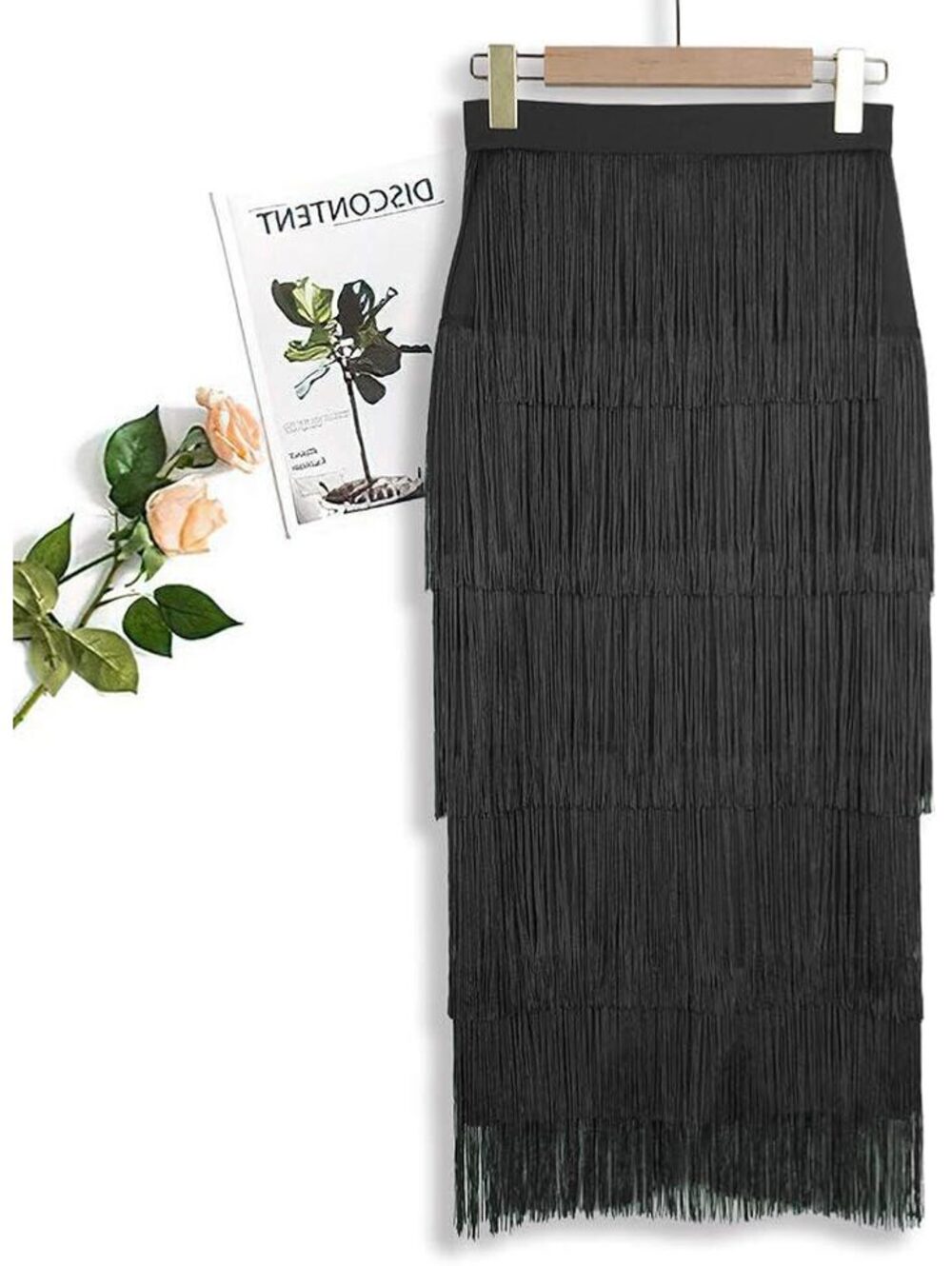 Black Fringe Midi Skirt with Tiered Layers
